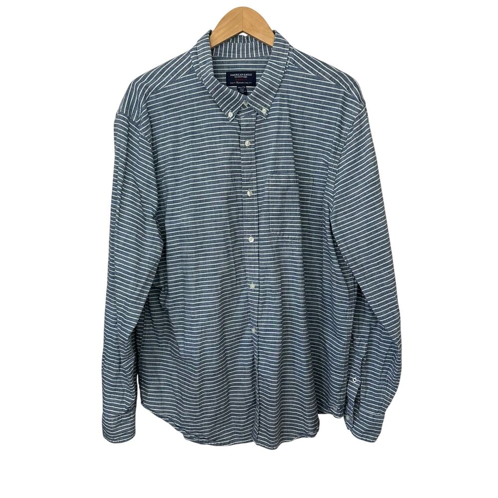 American Eagle Mens Shirt XXL Cotton Blue White Stripe Button‎ Down Long Sleeve